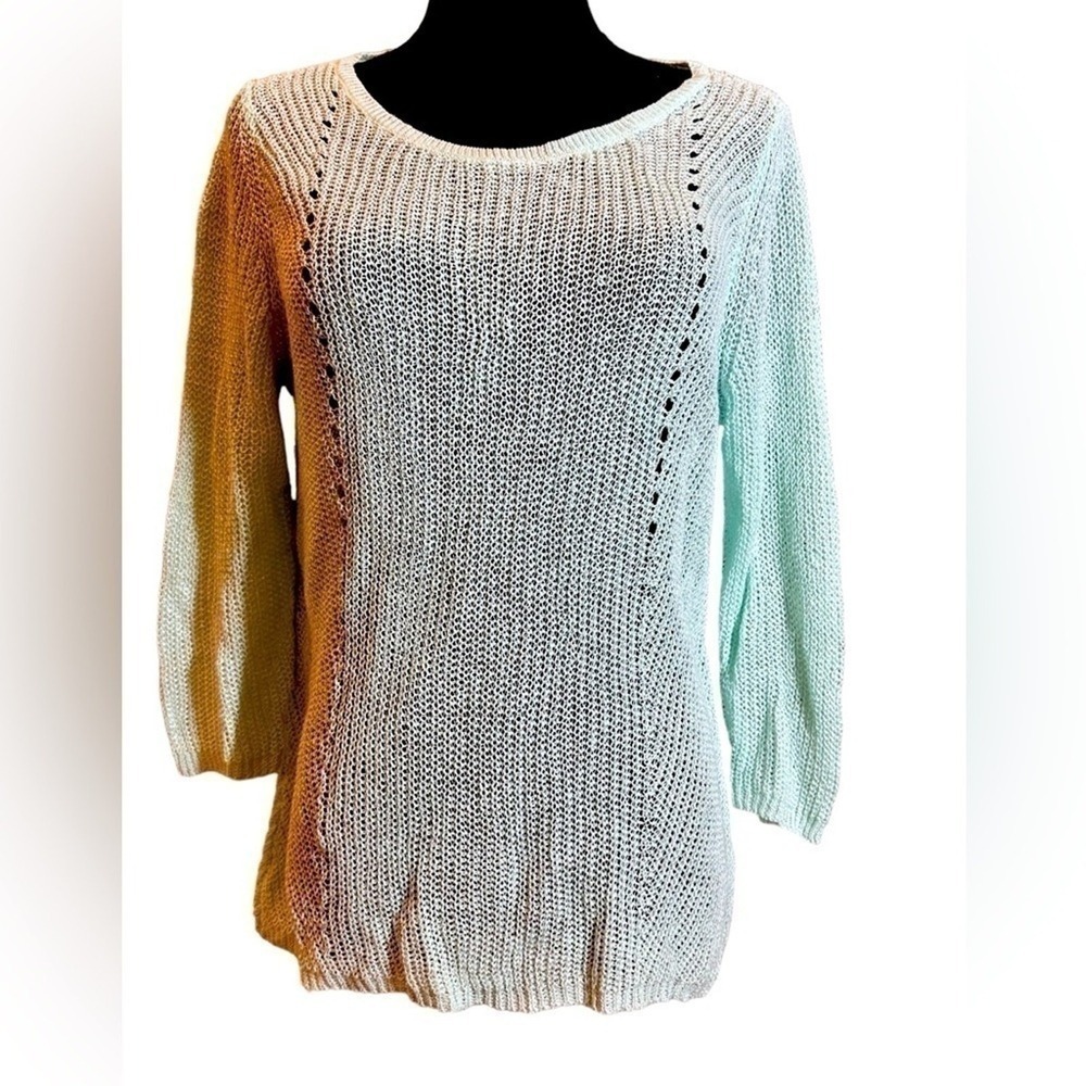 Eileen Fisher Sweater Womens Medium Mint Green Excellent Organic Linen Pointelle